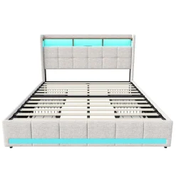 Lit 180x200 Sommier LED Et 2 USB, Type-c, Lit Capitonné Lit Double Avec 4 Tiroirs, Lin, Beige><noscript><img width=