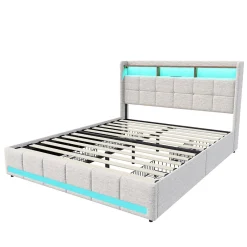 Lit 180x200 Sommier LED Et 2 USB, Type-c, Lit Capitonné Lit Double Avec 4 Tiroirs, Lin, Beige><noscript><img width=
