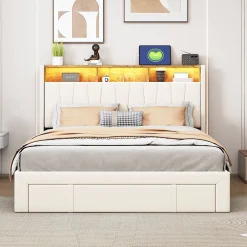 Simple Life Lit 160x200 Sommier LED et USB, Type-C,Lit Capitonné Lit Double avec 4 Tiroirs,Velours, Beige* Lit Coffre