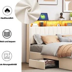 Simple Life Lit 160x200 Sommier LED et USB, Type-C,Lit Capitonné Lit Double avec 4 Tiroirs,Velours, Beige* Lit Coffre
