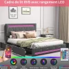 Lit 140x200cm avec 4 tiroirs + LED + sommier à lattes - lin - Gris>Generique