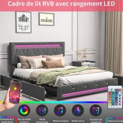 Lit 140x200cm avec 4 tiroirs + LED + sommier à lattes - lin - Gris>Generique