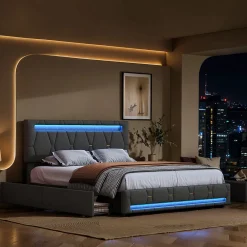 Lit 140x200cm avec 4 tiroirs + LED + sommier à lattes - lin - Gris><noscript><img width=