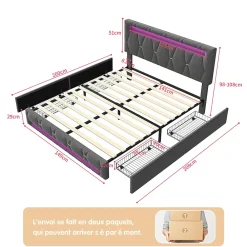 Lit 140x200cm avec 4 tiroirs + LED + sommier à lattes - lin - Gris><noscript><img width=