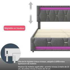 Lit 140x200cm avec 4 tiroirs + LED + sommier à lattes - lin - Gris><noscript><img width=