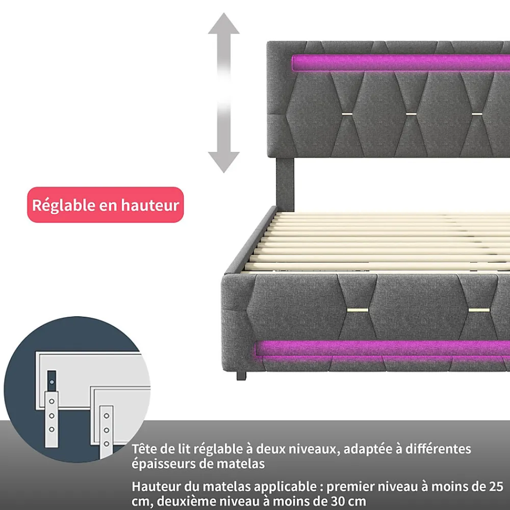 Lit 140x200cm avec 4 tiroirs + LED + sommier à lattes - lin - Gris>Generique
