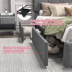 Lit 140x200cm avec 4 tiroirs + LED + sommier à lattes - lin - Gris><noscript><img width=