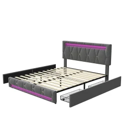 Lit 140x200cm avec 4 tiroirs + LED + sommier à lattes - lin - Gris><noscript><img width=