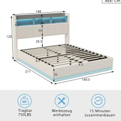 Simple Life lit 140x200cm avec éclairage LED, Lit Coffre avec Sommier à Lattes, Prises, USB et Type-C, Velours* Lit Coffre