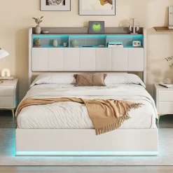 Simple Life lit 140x200cm avec éclairage LED, Lit Coffre avec Sommier à Lattes, Prises, USB et Type-C, Velours* Lit Coffre