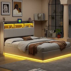 Simple Life lit 160x200cm avec éclairage LED, Lit Coffre avec Sommier à Lattes, Prises, USB et Type-C, Velours* Lit Coffre
