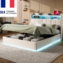 Simple Life lit 160x200cm avec éclairage LED, Lit Coffre avec Sommier à Lattes, Prises, USB et Type-C, Velours* Lit Coffre