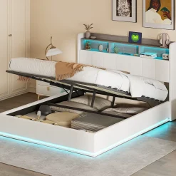 Simple Life lit 160x200cm avec éclairage LED, Lit Coffre avec Sommier à Lattes, Prises, USB et Type-C, Velours* Lit Coffre