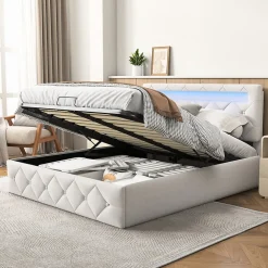 Simple Life Lit 160x200cm avec LED - Sommier à Lattes - Grand Rangement - Beige* Lit Coffre