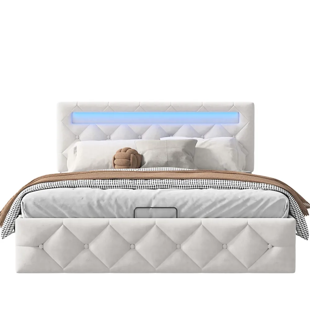 Simple Life Lit 160x200cm avec LED - Sommier à Lattes - Grand Rangement - Beige* Lit Coffre