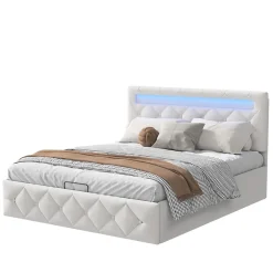Simple Life Lit 160x200cm avec LED - Sommier à Lattes - Grand Rangement - Beige* Lit Coffre