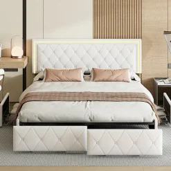 Lit 140x200cm avec LED tête de lit relevable, Lit capitonné avec 4 tiroirs et Rangement Lit, Blanc>Simple Life Discount