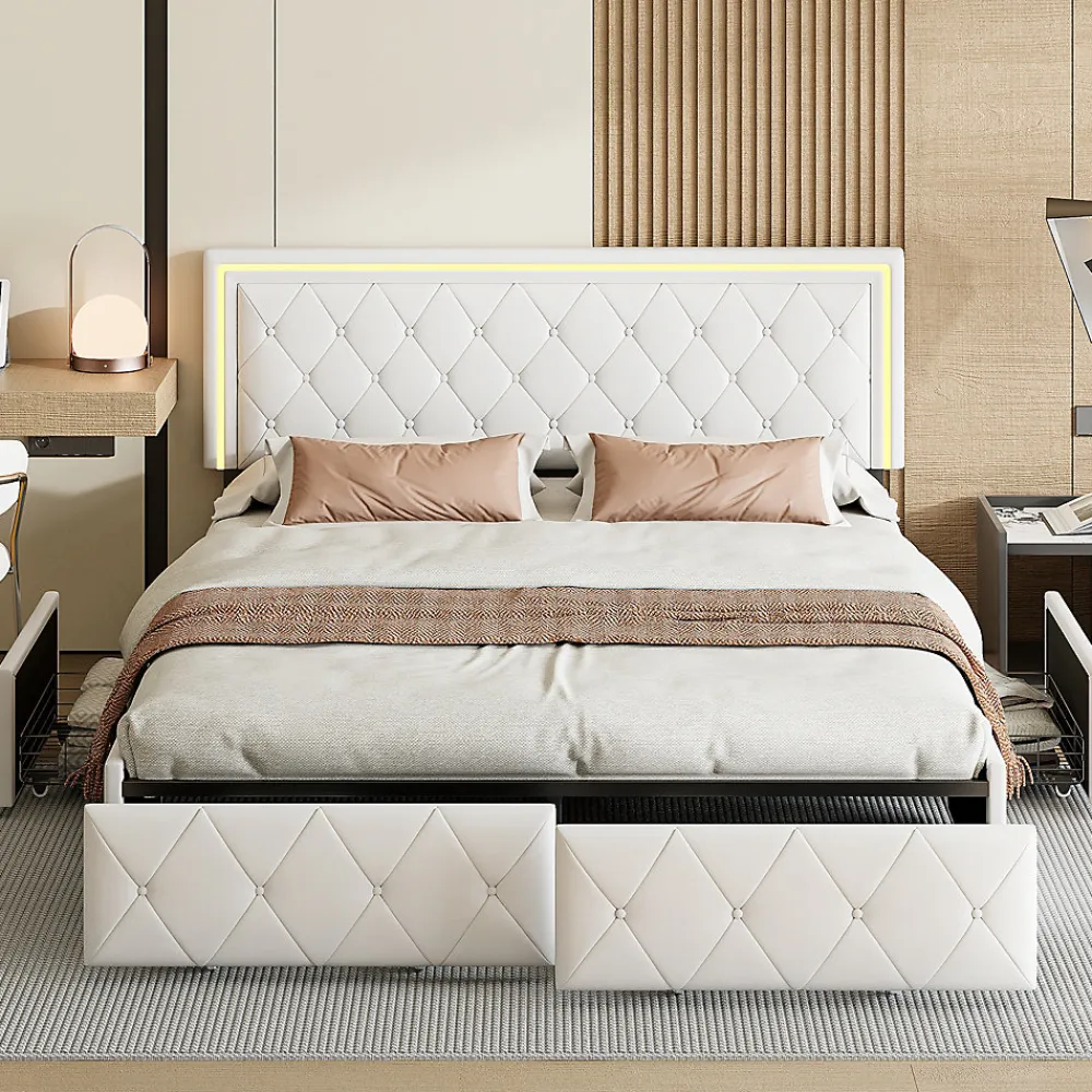 Lit 140x200cm avec LED tête de lit relevable, Lit capitonné avec 4 tiroirs et Rangement Lit, Blanc>Simple Life Discount