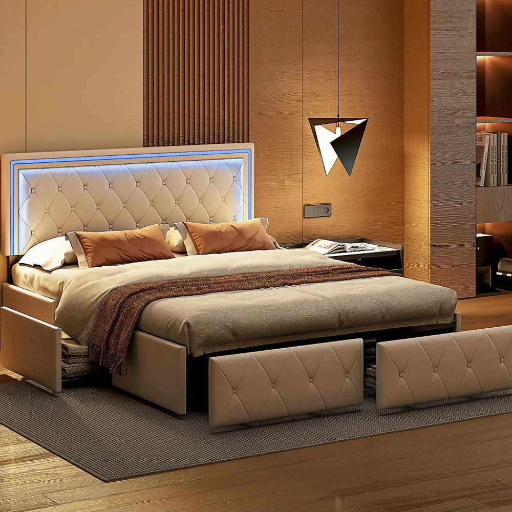 Lit 140x200cm avec LED tête de lit relevable, Lit capitonné avec 4 tiroirs et Rangement Lit, Blanc>Simple Life Discount