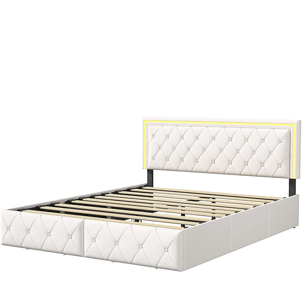Lit 140x200cm avec LED tête de lit relevable, Lit capitonné avec 4 tiroirs et Rangement Lit, Blanc>Simple Life Discount