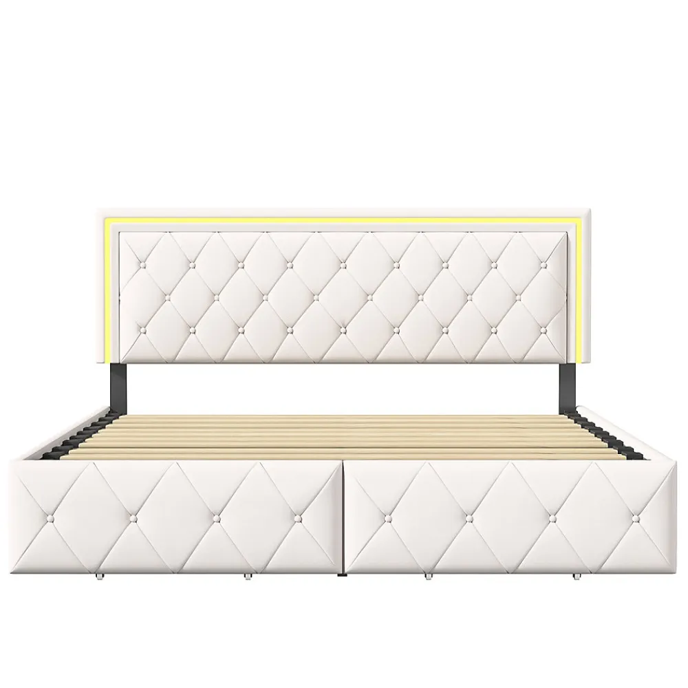 Lit 140x200cm avec LED tête de lit relevable, Lit capitonné avec 4 tiroirs et Rangement Lit, Blanc>Simple Life Discount
