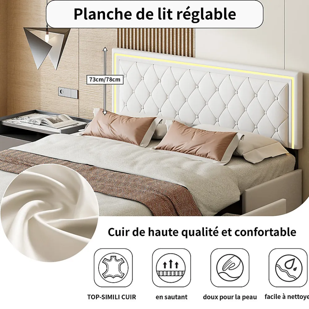 Lit 140x200cm avec LED tête de lit relevable, Lit capitonné avec 4 tiroirs et Rangement Lit, Blanc>Simple Life Discount