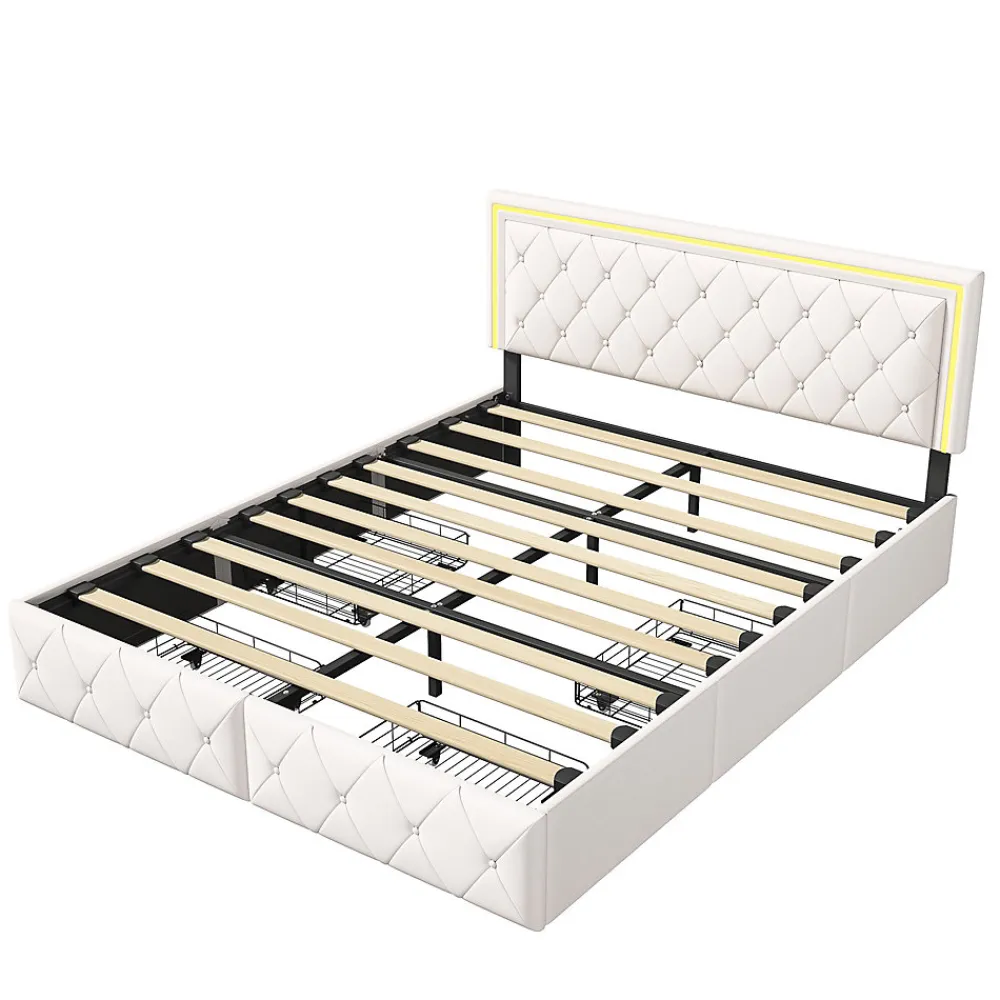 Lit 140x200cm avec LED tête de lit relevable, Lit capitonné avec 4 tiroirs et Rangement Lit, Blanc>Simple Life Discount