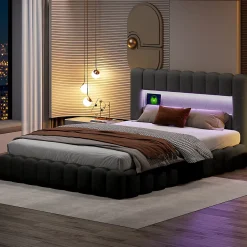 Simple Life Lit 180x200cm avec LED tête de lit, Lit capitonné avec Rangement, Lit Coffre, Lin, Gris* Lit Coffre