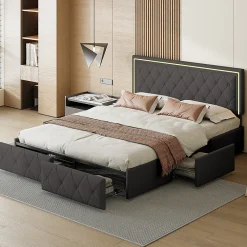 Lit 160x200cm Avec LED Tête De Lit Relevable, Lit Capitonné Avec 4 Tiroirs Et Rangement Lit, Gris>Simple Life Online