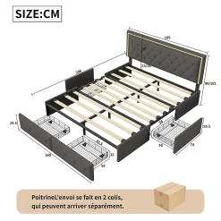 Lit 160x200cm Avec LED Tête De Lit Relevable, Lit Capitonné Avec 4 Tiroirs Et Rangement Lit, Gris><noscript><img width=