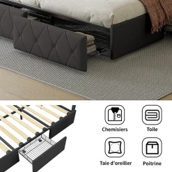 Lit 160x200cm Avec LED Tête De Lit Relevable, Lit Capitonné Avec 4 Tiroirs Et Rangement Lit, Gris><noscript><img width=