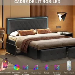 Lit 160x200cm Avec LED Tête De Lit Relevable, Lit Capitonné Avec 4 Tiroirs Et Rangement Lit, Gris><noscript><img width=