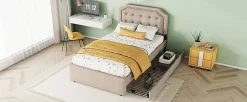 Lit 90x200cm, avec tiroirs et clous décoratifs, Beige><noscript><img width=