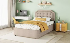 Lit 90x200cm, avec tiroirs et clous décoratifs, Beige><noscript><img width=
