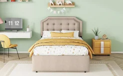 Lit 90x200cm, avec tiroirs et clous décoratifs, Beige><noscript><img width=