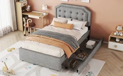 Lit 90x200cm, avec tiroirs et clous décoratifs, Gris><noscript><img width=