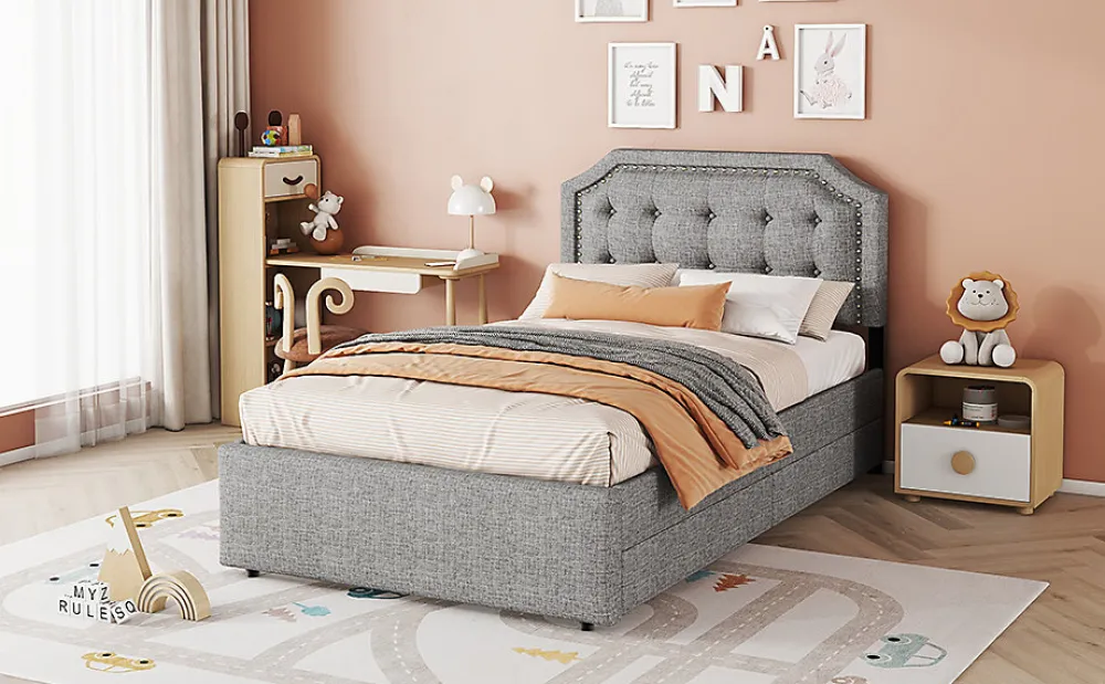 Lit 90x200cm, avec tiroirs et clous décoratifs, Gris>Fortuna lai