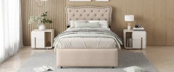 Lit 90x200cm, avec tiroirs et clous décoratifs, Beige><noscript><img width=