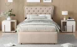 Lit 90x200cm, avec tiroirs et clous décoratifs, Beige><noscript><img width=