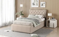 Lit 90x200cm, avec tiroirs et clous décoratifs, Beige><noscript><img width=