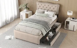 Lit 90x200cm, avec tiroirs et clous décoratifs, Beige><noscript><img width=