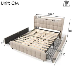 ProximaX Lit 180x200cm avec tiroirs, Lit double capitonné avec rangement, éclairage LED, 2 chargeurs USB, Beige* Lit Coffre