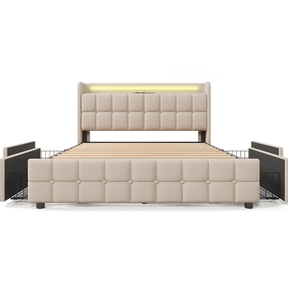 ProximaX Lit 180x200cm avec tiroirs, Lit double capitonné avec rangement, éclairage LED, 2 chargeurs USB, Beige* Lit Coffre
