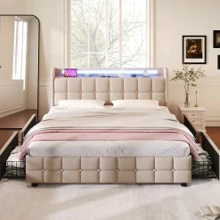 ProximaX Lit 180x200cm avec tiroirs, Lit double capitonné avec rangement, éclairage LED, 2 chargeurs USB, Beige* Lit Coffre