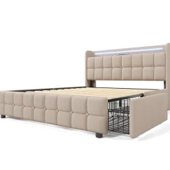ProximaX Lit 180x200cm avec tiroirs, Lit double capitonné avec rangement, éclairage LED, 2 chargeurs USB, Beige* Lit Coffre