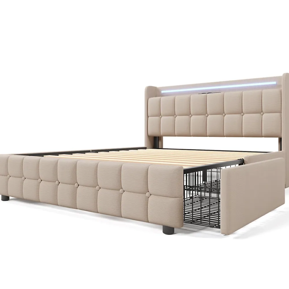 ProximaX Lit 180x200cm avec tiroirs, Lit double capitonné avec rangement, éclairage LED, 2 chargeurs USB, Beige* Lit Coffre