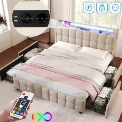 ProximaX Lit 180x200cm avec tiroirs, Lit double capitonné avec rangement, éclairage LED, 2 chargeurs USB, Beige* Lit Coffre