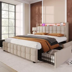 ProximaX Lit 180x200cm avec tiroirs, Lit double capitonné avec rangement, éclairage LED, 2 chargeurs USB, Beige* Lit Coffre