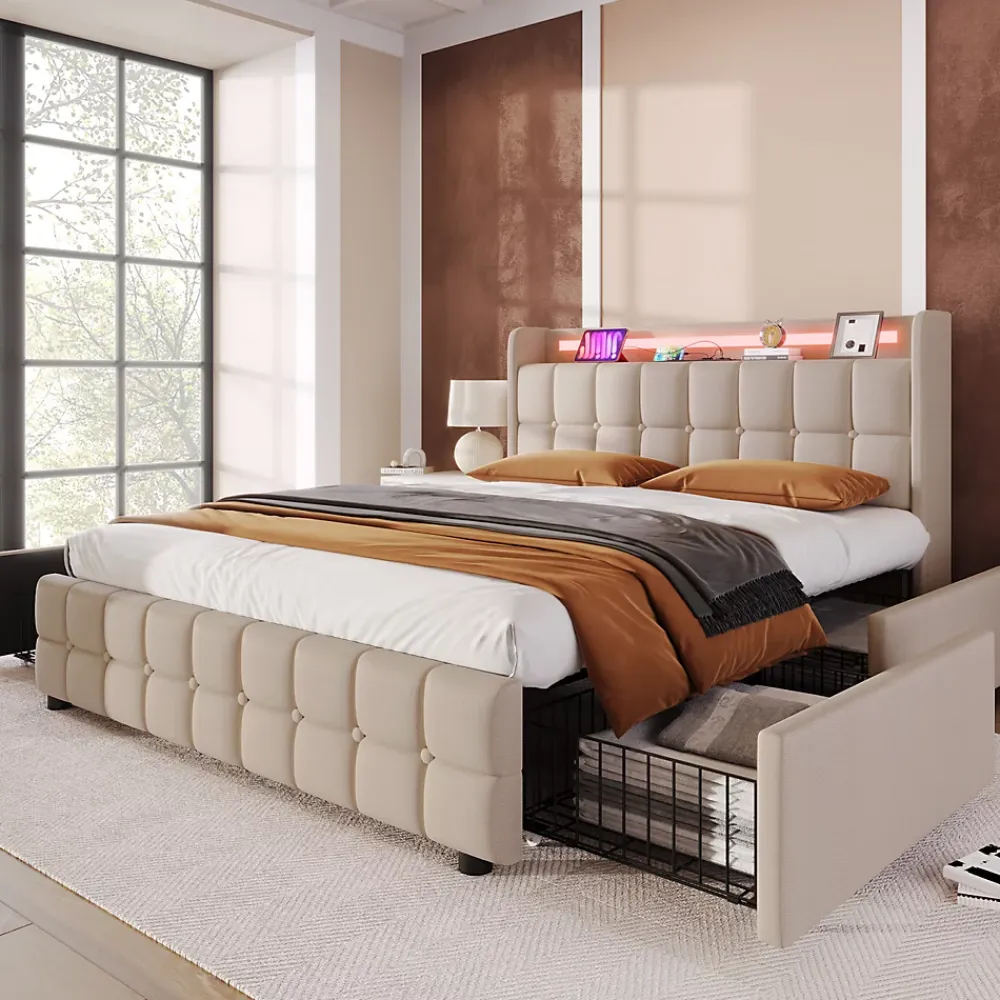 ProximaX Lit 180x200cm avec tiroirs, Lit double capitonné avec rangement, éclairage LED, 2 chargeurs USB, Beige* Lit Coffre