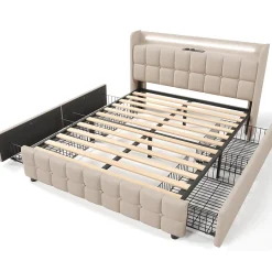 ProximaX Lit 180x200cm avec tiroirs, Lit double capitonné avec rangement, éclairage LED, 2 chargeurs USB, Beige* Lit Coffre